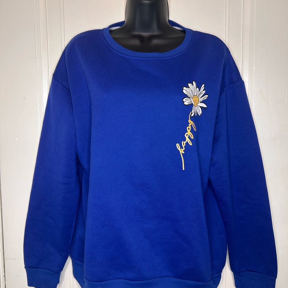 SHEIN Blue Sweatshirt with “Happy” Daisy